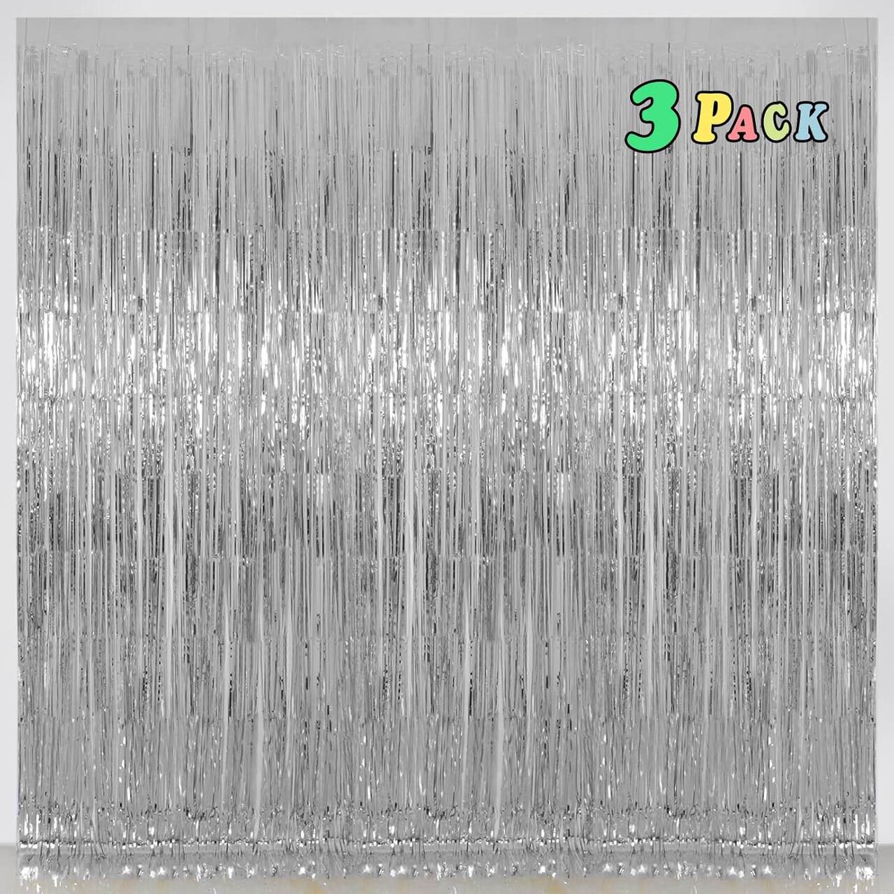 Silver Tinsel Foil Fringe Curtains Backdrop, Melsan 3.2 x 8 ft Foil Curtain Birthday Party Decorations for Disco, New Year Eve Party Backdrop - 3 Packs